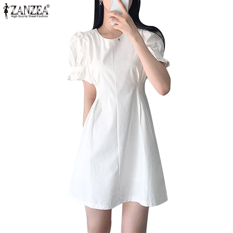 Đầm ZANZEA tay ngắn phồng cổ tròn thiết kế xếp li thời trang cho nữ