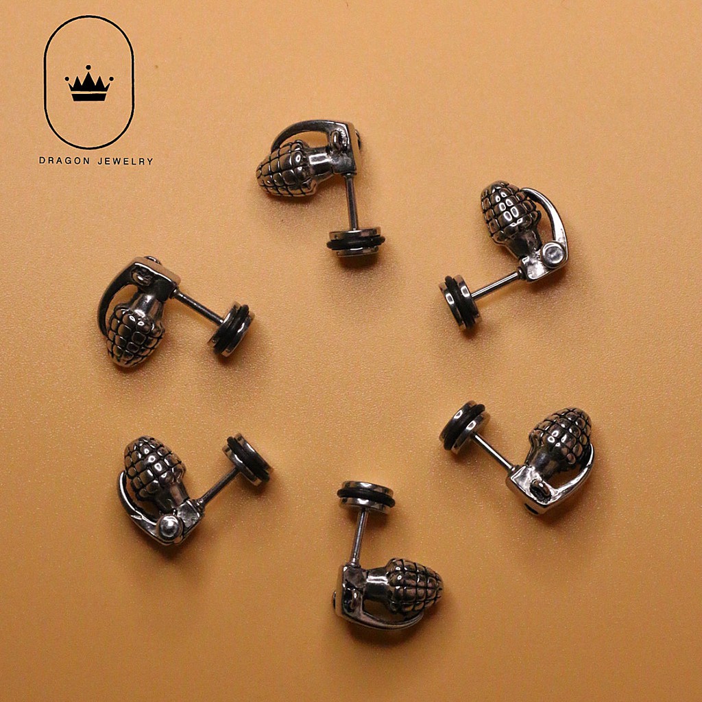 Khuyên tai nam nữ đẹp chất khuyên xỏ nam hoạ tiết lựu đạn cá tính Grenade Earring Dragon Jewelry Vietnam mã E35S1
