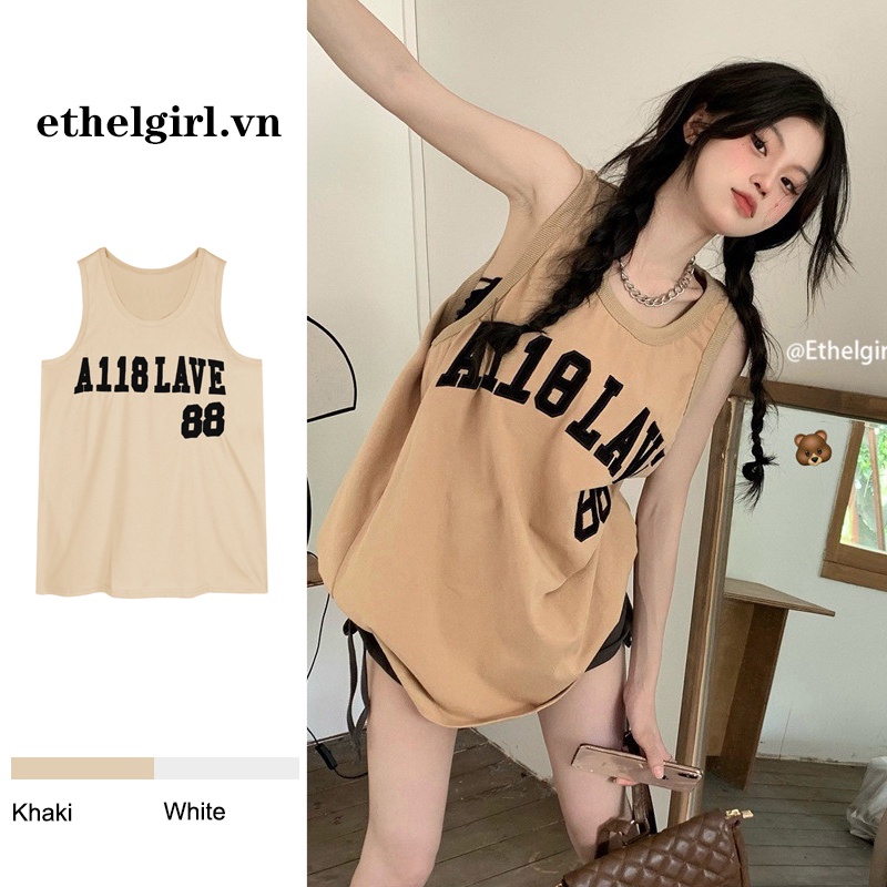 Áo Thun Sát Nách Dáng Rộng Thêu Họa Tiết Phong Cách Retro Mỹ Thời Trang Cho Nữ