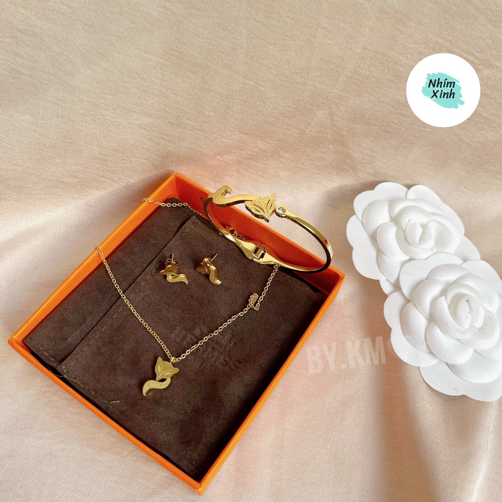 Set Dây Chuyền, Khuyên Tai, Vòng Tay Hồ Ly 100% Titan Cao Cấp Sáng Đẹp, Màu Vàng Hồng - Không Han Gỉ, Không Bạc Màu