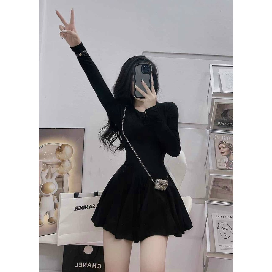 Váy Xoè Bo Tăm Dài Tay - Đầm Len Tăm Bo Zip Dáng Xoè Mặc Xinh Như Hotgirl, Đầm Thu Đông Nữ