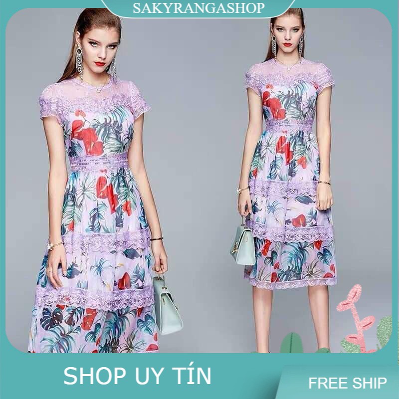 HÀNG NHẬP - ĐẦM VOAN LỤA TÍM PHỐI REN TẦNG KẾT HẠT