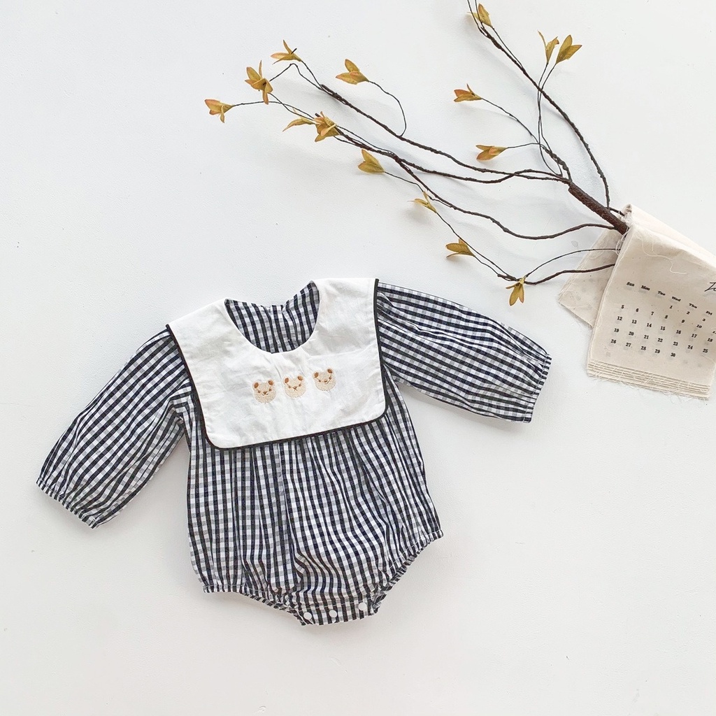 Áo liền quần sọc caro in hình gấu dễ thương thời trang cho bé gái 0-2 tuổi