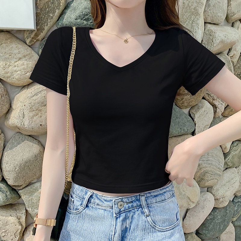 Áo Thun 95 Cotton Ngắn Tay Cổ Chữ V Eo Cao Thời Trang Mùa Hè 2022 Cho Nữ