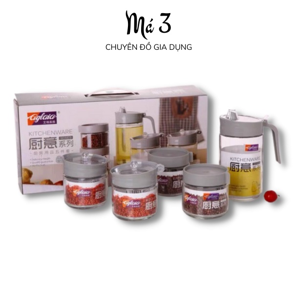 Set hủ gia vị thủy tinh nắp nhựa - Bộ đựng gia vị nắp nhựa có rót dầu cao cấp