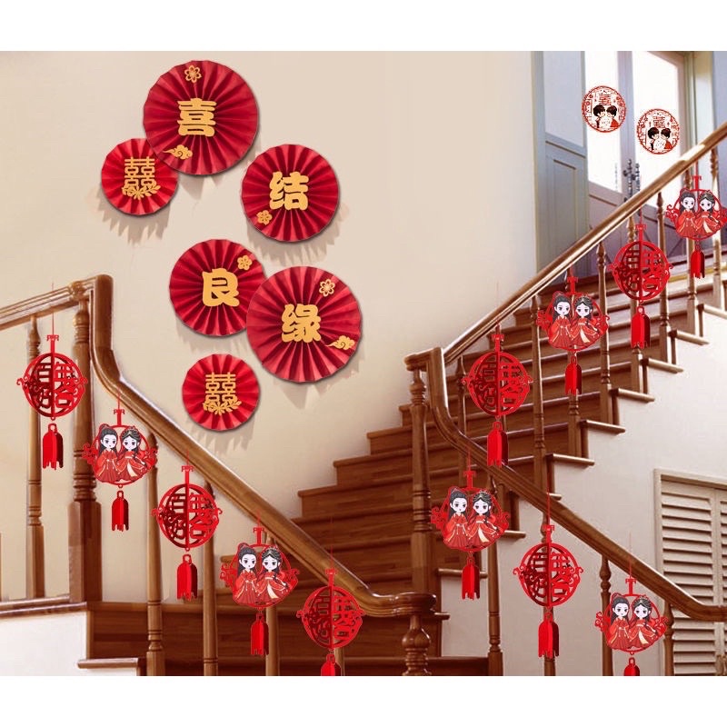 Set 6 quạt giấy hỉ đỏ trang trí phòng cưới, tiệc cưới, đám ăn hỏi