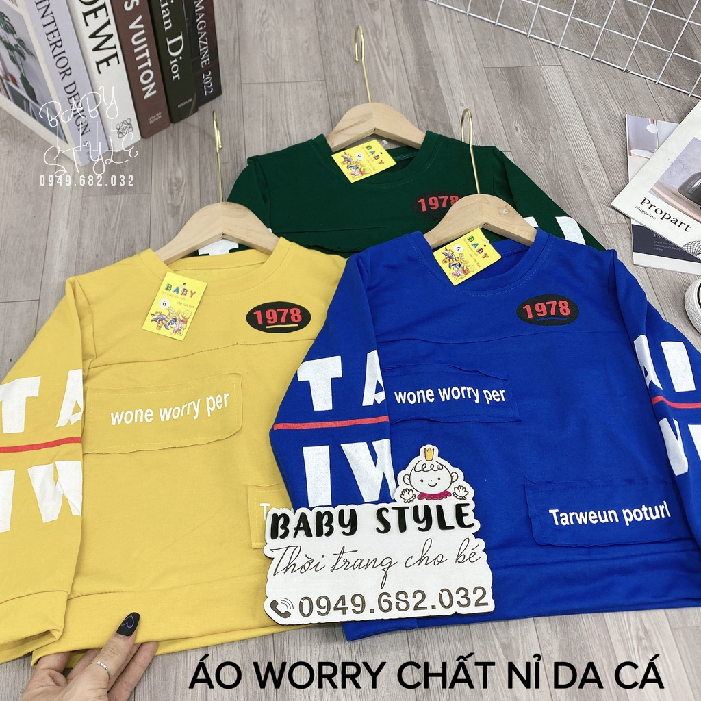 Áo thun nỉ - Áo sweater bé trai &quot;WORRY&quot; 14-45kg (4-14 tuổi). Thoải mái - ấm áp. Hàng may kỹ. B43