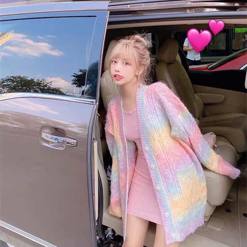 Áo khoác len cardigan dài tay màu cầu vồng Rainbow phong cách ulzzang SAM SAM BOUTIQUE