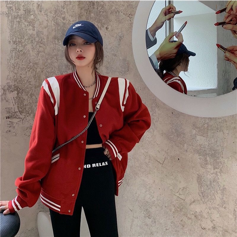 Áo khoác bóng chày dày dáng rộng thời trang thu đông mới 2021