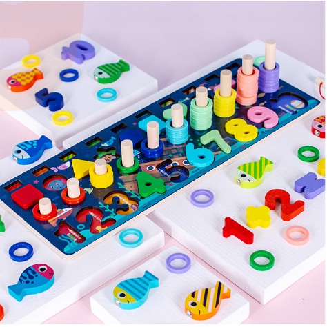 Bộ Giáo Cụ Montessori 5 Trong 1 - Bảng Học Số Đếm, Câu Cá, Hình Khối Và Màu Sắc Loại Đẹp