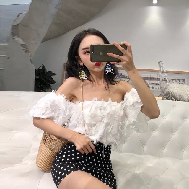 SẴN🖤Áo rớt vai ulzZang xinh xắn dạo phố/Áo kiểu lông trễ vai tiểu thư sang chảnh quyến rũ