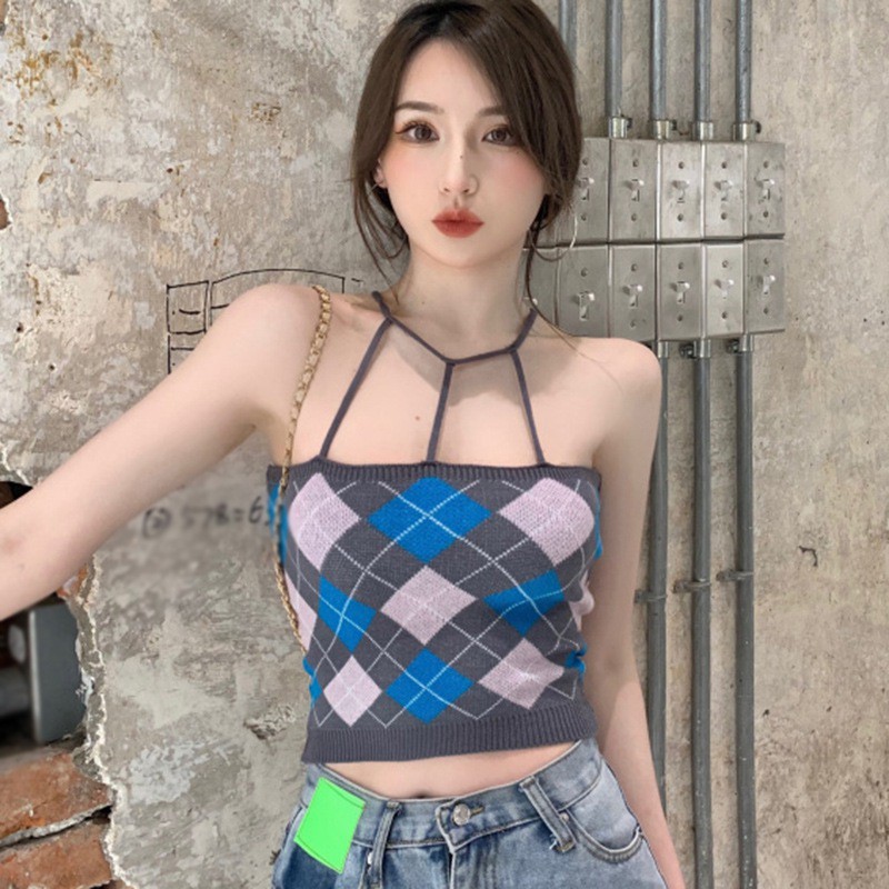 Áo Hai Dây Dệt Kim Hoạ Tiết Hình Thoi Cho Nữ