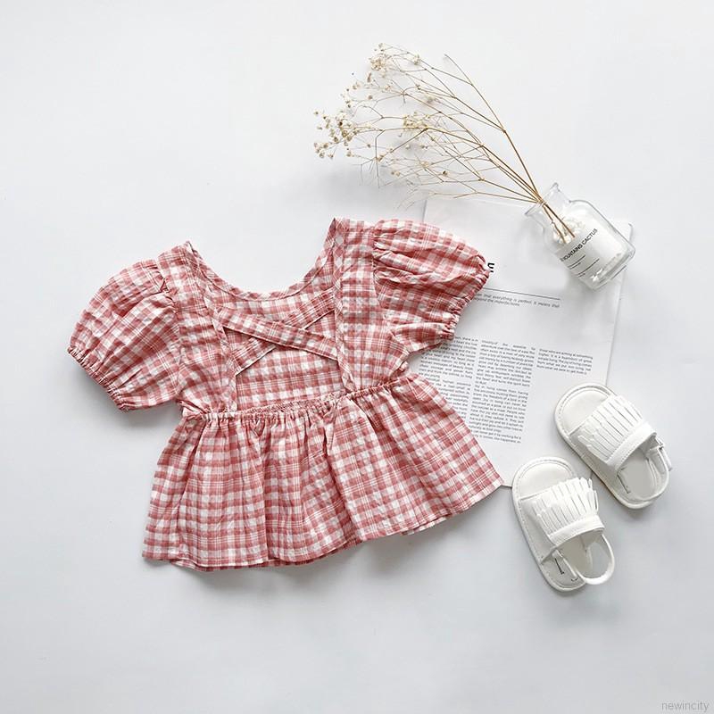 Áo kiểu ngắn tay phối hoạ tiết sọc caro đáng yêu cho bé gái