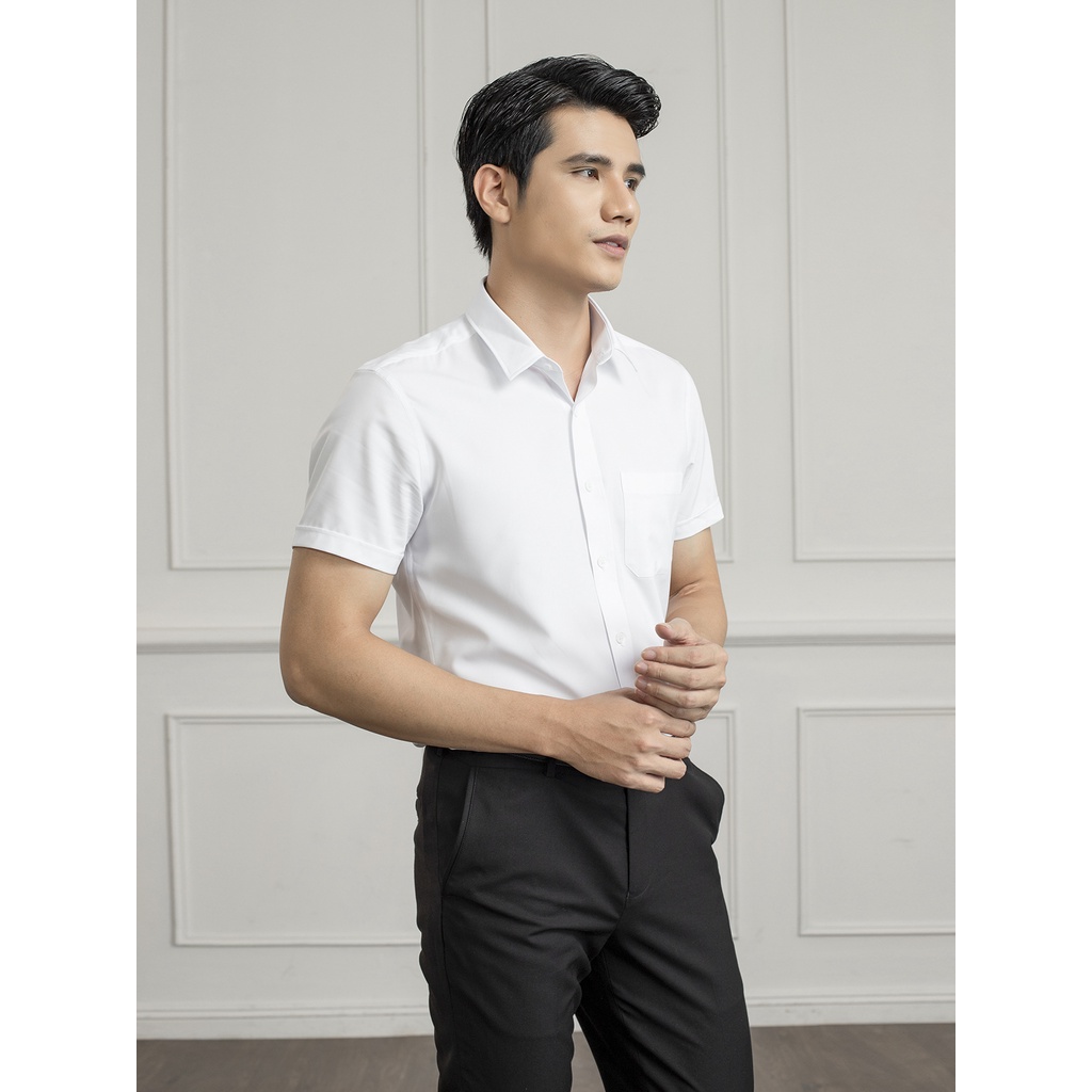 Áo sơ mi nam ngắn tay Aristino màu trắng trơn siêu nhẹ nhanh khô, dáng rông tà lượn có túi ASSR20