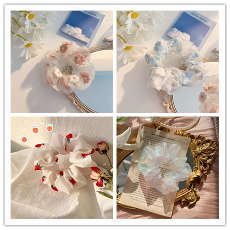 Dây Cột Tóc Vải Organza Satin Họa Tiết Hoa Màu Cầu Vồng Phong Cách Hàn Quốc