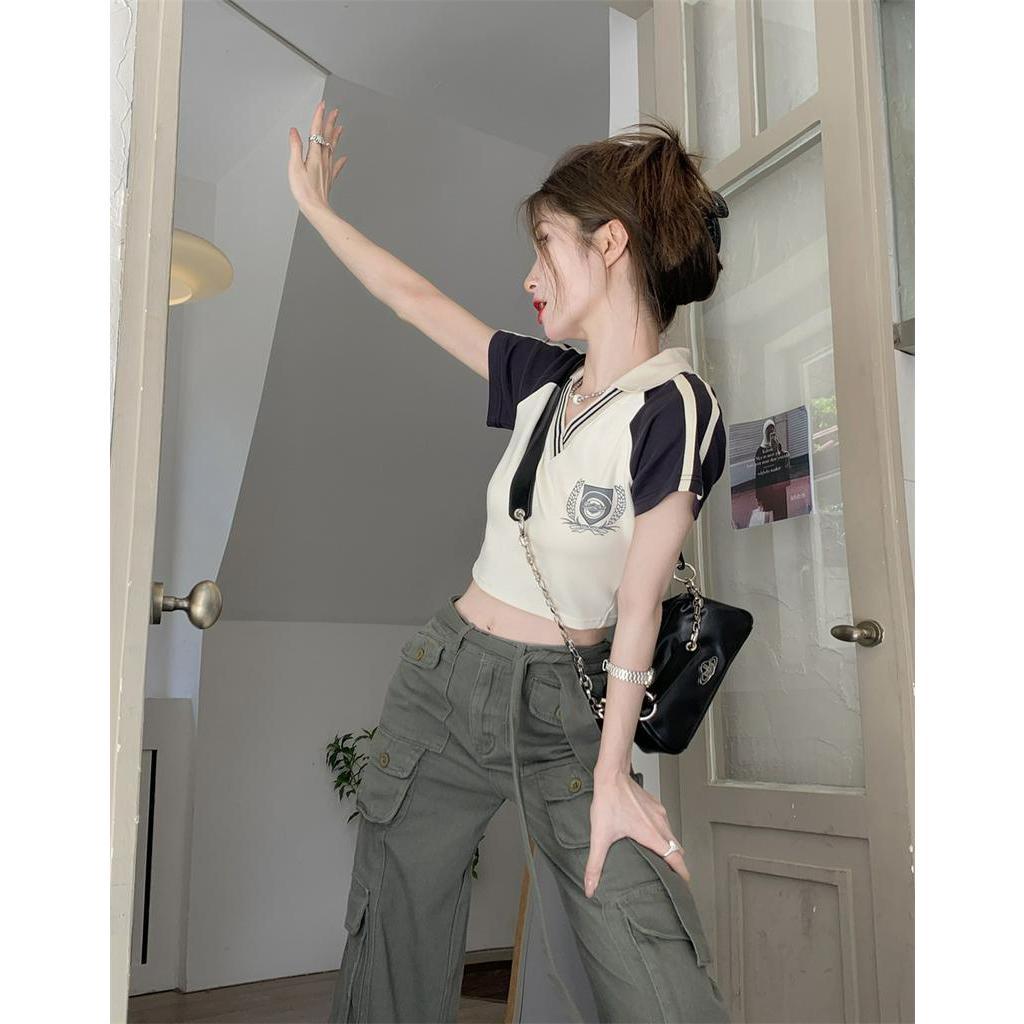 Áo polo Ngắn Tay Trễ Vai Màu Sắc vintage Thời Trang Mùa Hè Cho Nữ