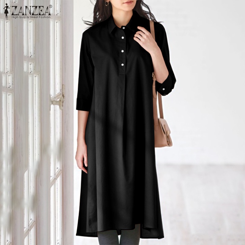 Đầm dài ZANZEA tay 3/4 gài khuy cổ bẻ phong cách cổ điển thời trang dành cho bạn nữ