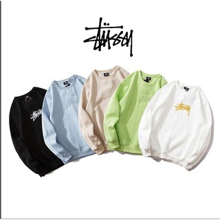 Áo Sweater Vải Cotton Tay Dài Cổ Tròn Thêu Logo Stussy Cá Tính