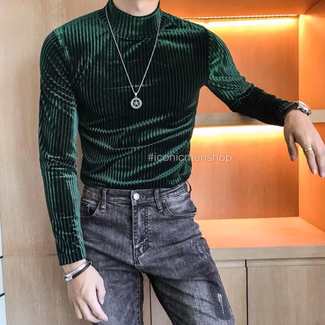 Áo thun nhung nam cổ lọ,sọc gân nổi