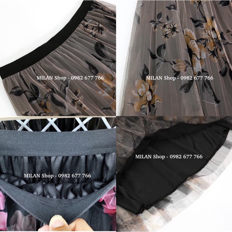 Chân váy xếp ly hoạ tiết hoa 3d dài midi sang sịn