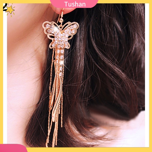 Đôi khuyên tai tua rua dài hình bươm bướm đính đá thời trang cho nữ