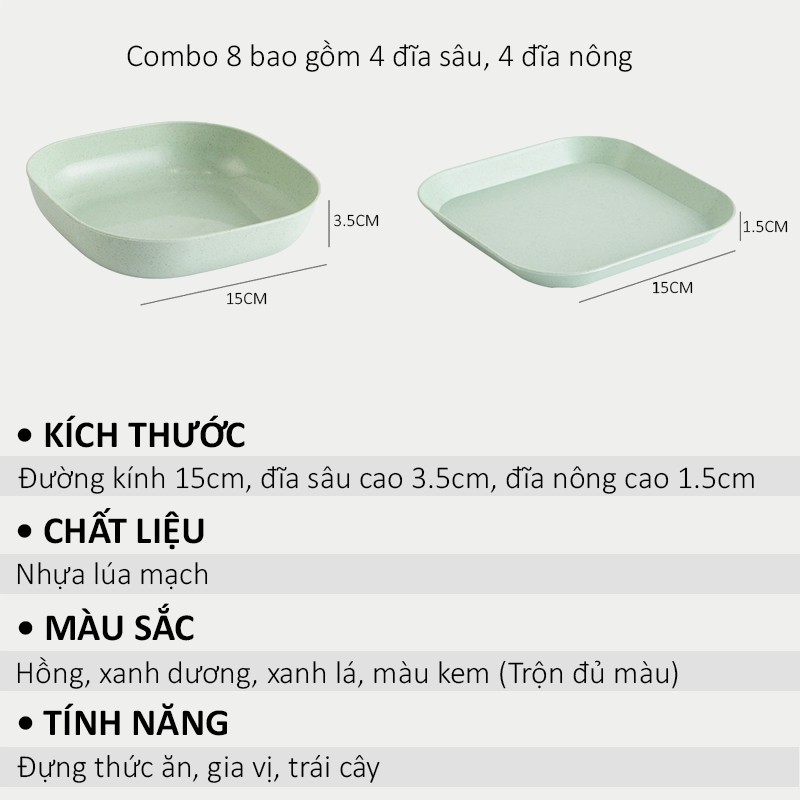 Combo 8 đĩa lúa mạch đựng thức ăn, đựng trái cây hình vuông bằng chất liệu nhựa lúa mạch vô cùng độc đáo và tiện dụng