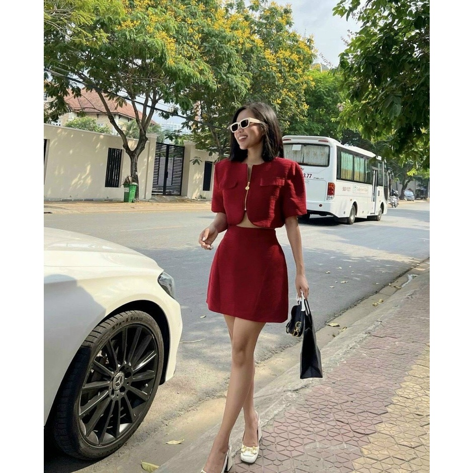 Sét áo kiểu giả túi phối khóa kéo mix chân váy xòe dễ thương xinh xắn