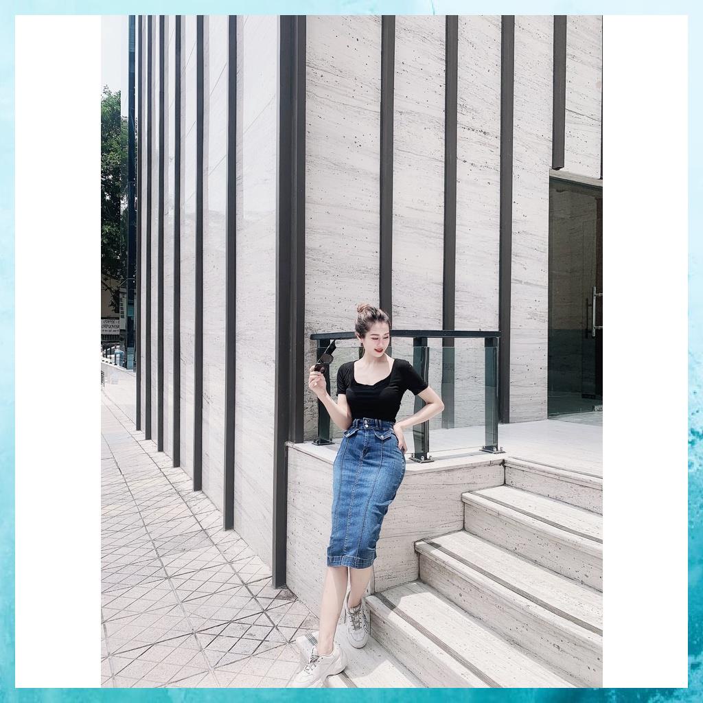 [TH Jeans] Váy bò trơn dáng dài qua gối, váy jeans lưng cao túi chéo phối gân, 2 khuy. Mã V0140