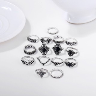 Set 15 Nhẫn Mạ Bạc Đính Đá Pha Lê Đen