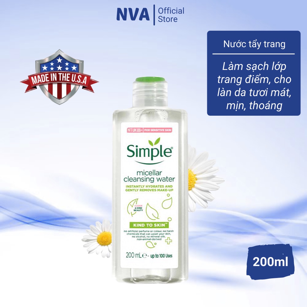 Nước tẩy trang Simple Micellar Cleansing Water 200ml (làm sạch lớp trang điểm, cho làn da căng mịn, thoáng mát)