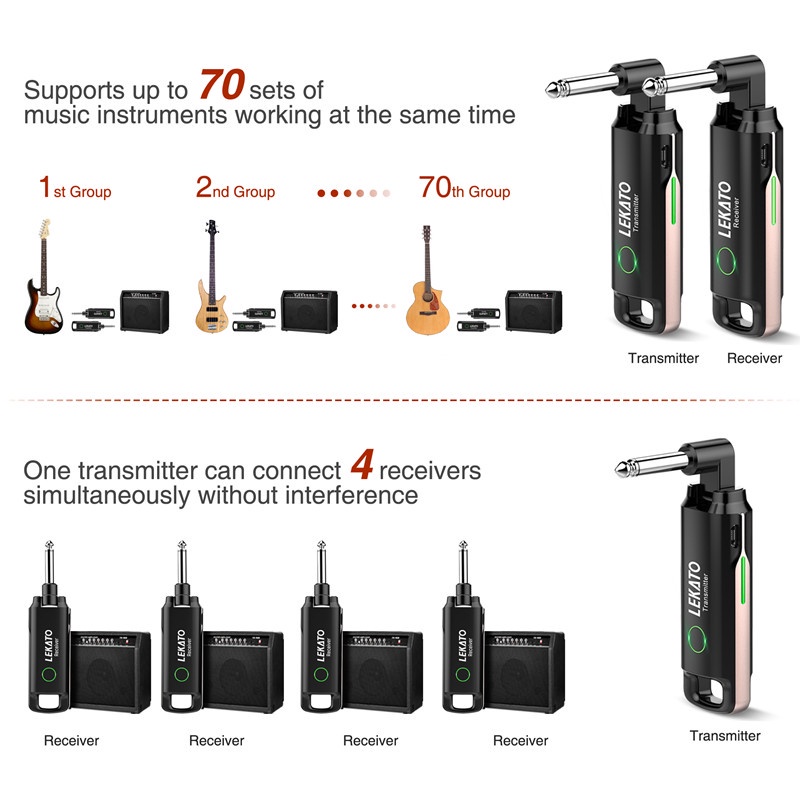 Bộ thu phát tín hiệu LEKATO WS-70 không dây hệ thống đàn guitar với 70 kênh