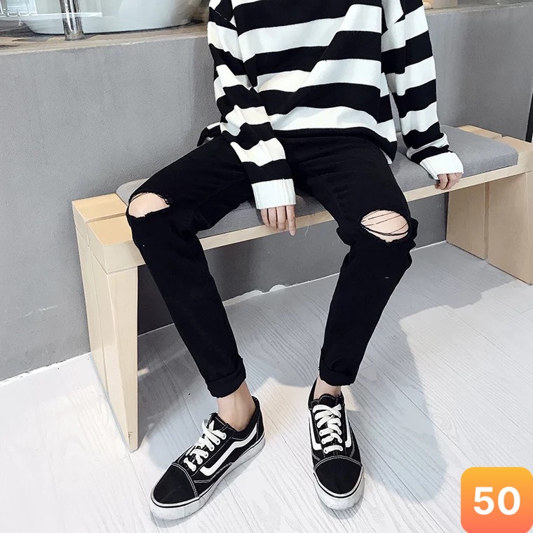 Quần jean nam màu đen trơn rách gối chất liệu bò jeans cao cấp co dãn 4 chiều đẹp form rin skinny LAVADO70