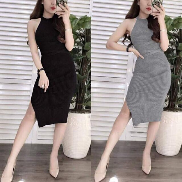Váy Body Cổ Yếm Đan Dây Xẻ Đùi - Loại 1m VN05