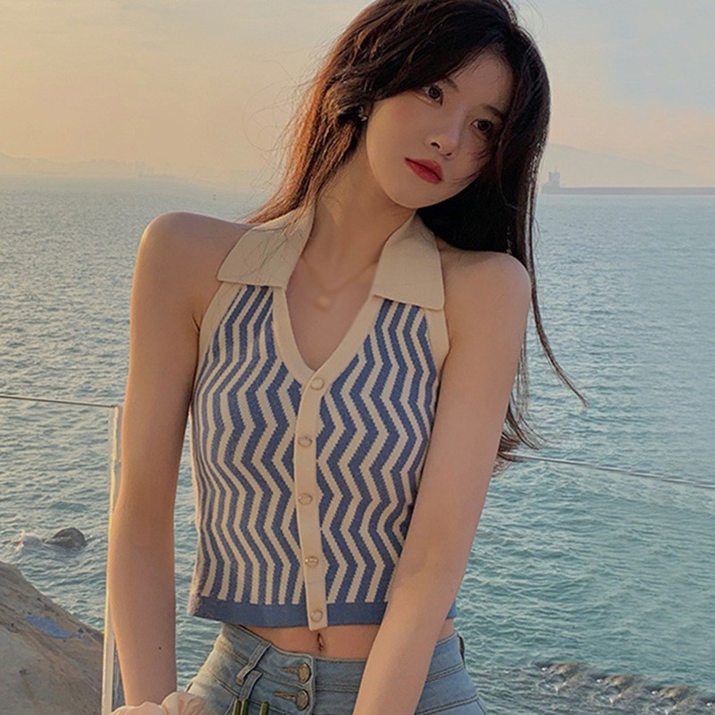 Áo Ngắn Dệt Kim Hoạ Tiết Kẻ Sọc Thiết Kế Cổ Chữ V Quyến Rũ Cho Nữ | BigBuy360 - bigbuy360.vn