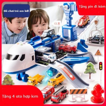 Bộ đồ chơi máy bay chở đồ kèm 4 xe cảnh sát bằng kim loại, có giàn cẩu, thang trượt, biển báo đa chức năng chạy đà