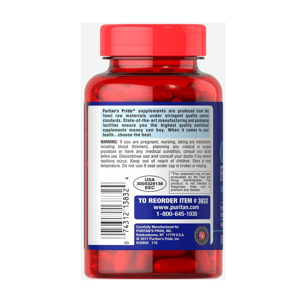 Dầu cá bổ sung EPA DHA bổ mắt, não, tim mạch, tăng cường hệ miễn dịch Puritan's Pride Omega 3 Fish Oil 1000mg | Thế Giới Skin Care