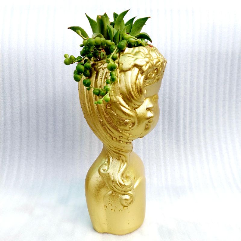 Chậu đất nung, Chậu sen đá - Cô gái tóc mây, đường kính miệng 7cm, chiều cao 20cm