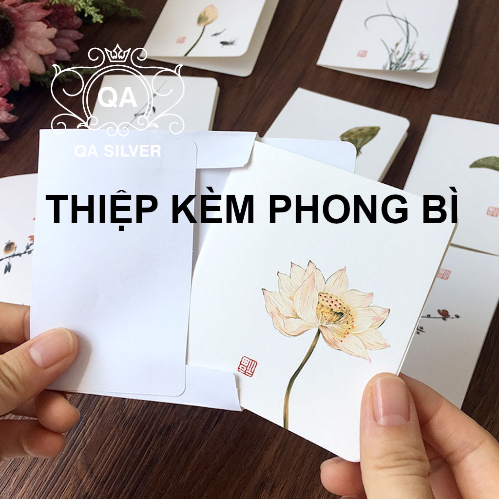 Thiệp in hoa mai lá sen cổ phong chúc mừng sinh nhật kèm phong bì FLORA Greeting Card QA SILVER AC211202