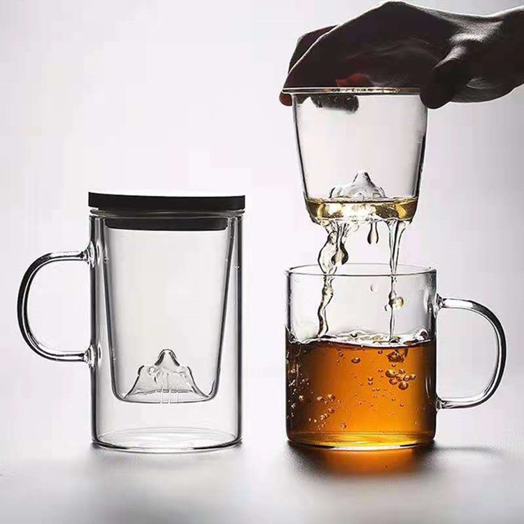 Cốc uống nước/cà phê bằng thủy tinh với đế gỗ thiết kế hình ngọn núi sáng tạo dung tích 120ml