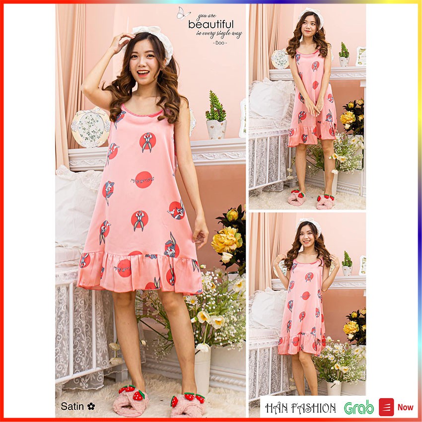 Bộ Ngủ Thời Trang – Váy Ngủ Nữ 2 Dây - Lụa Satin Họa Tiết Dễ Thương | Hân Fashion | Ship Nhanh 2h