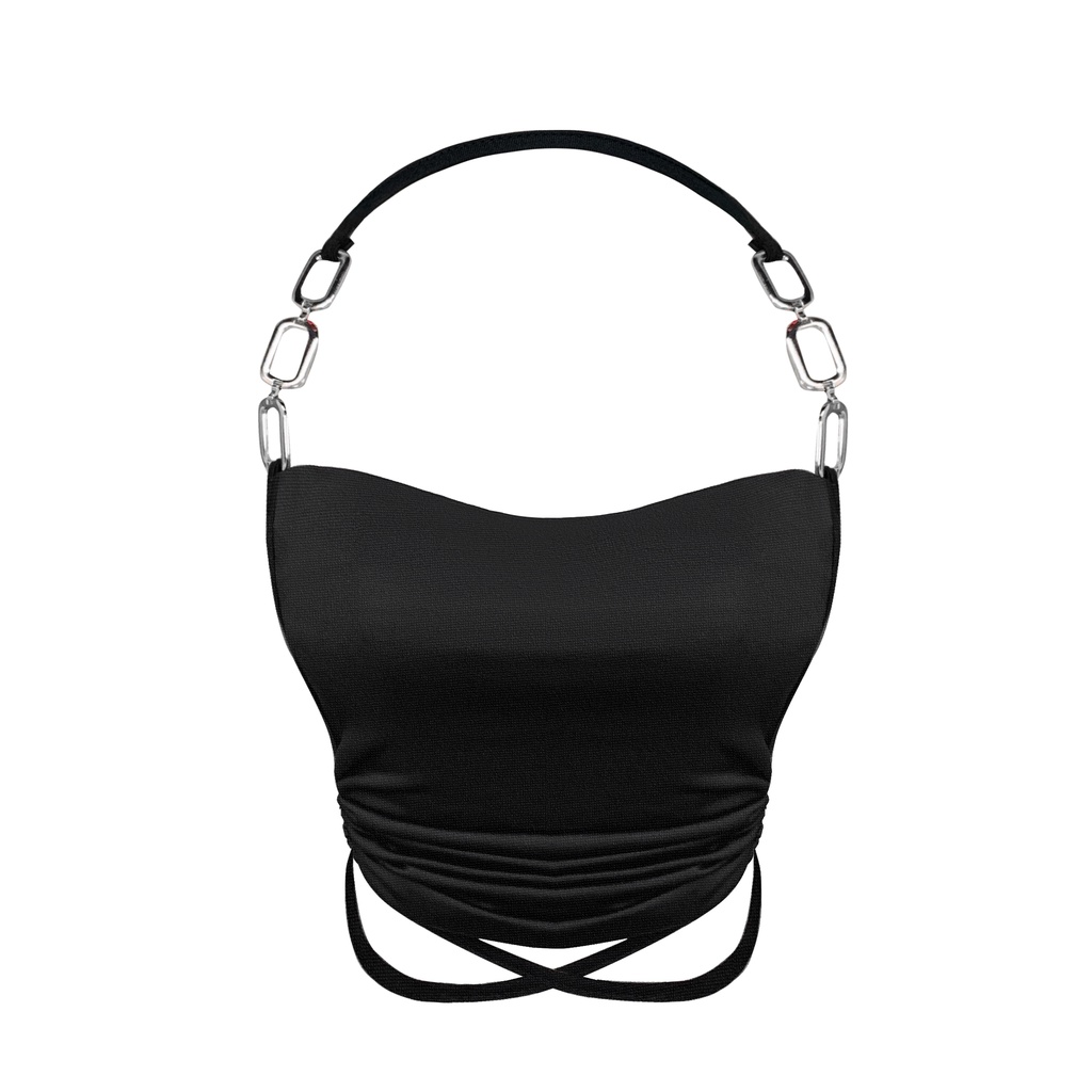 Áo Croptop Hai Dây Màu Trơn Cổ Yếm Phối Dây Xích Thời Trang Hàn Quốc Gợi Cảm Cho Nữ