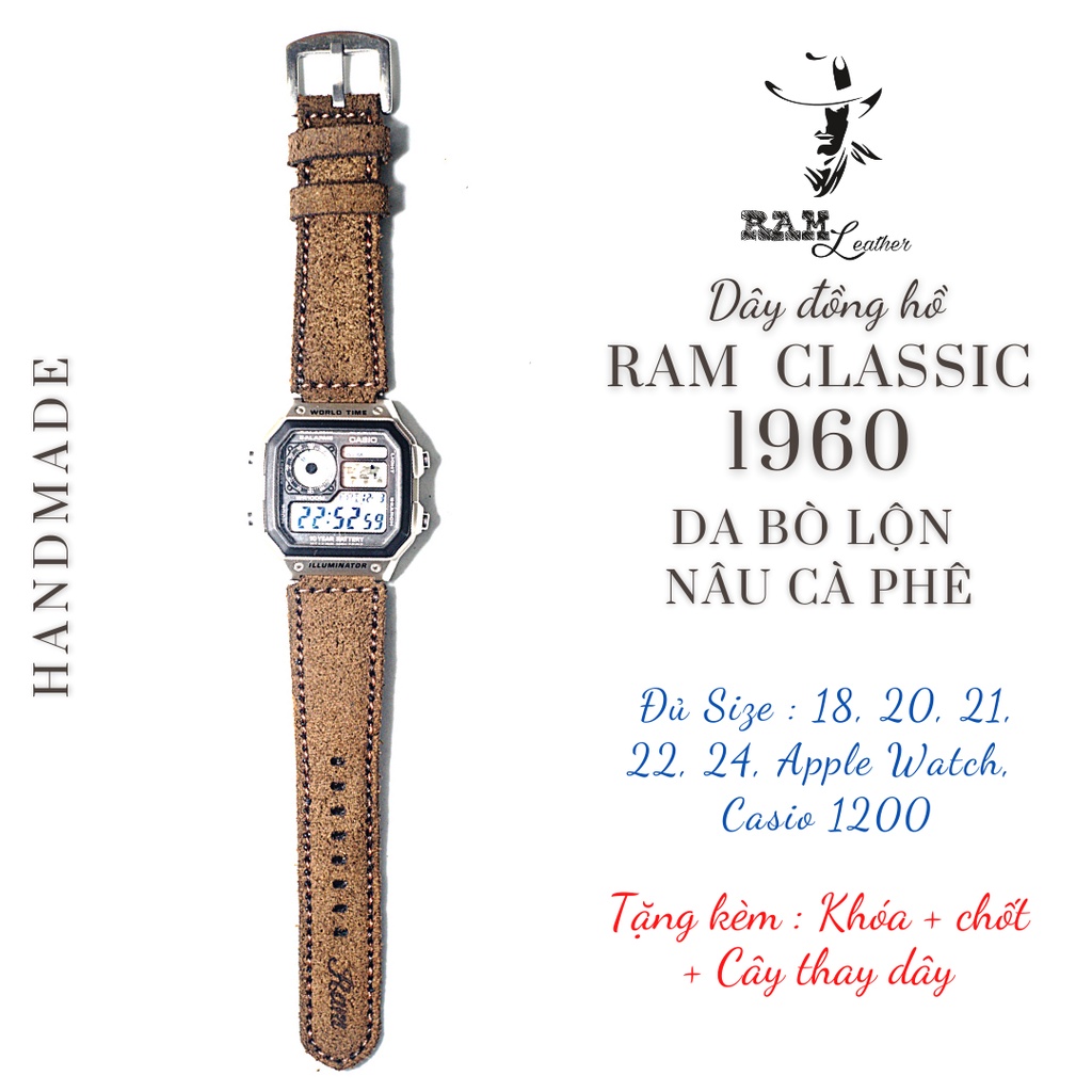 Dây đồng hồ RAM Leather 1960 da bò cho CASIO 1200, AE 1200, 1300, 1100, A159 , A168 , Size 18