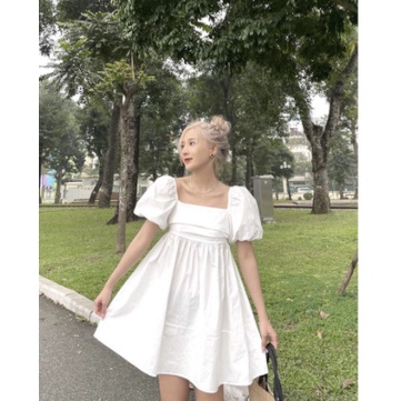 Đầm babydoll tay phồng cổ vuông dây thắt nơ sau lưng, Váy babydoll dáng xoè hở lưng nhiều màu tiểu thư bánh bèo xanh bơ