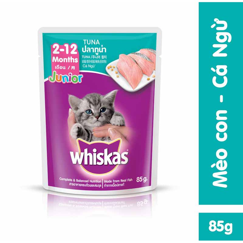 Bộ thức ăn dạng hạt dành cho mèo con Whiskas vị cá biển 1.1kg + 6 túi pate cho mèo con Whiskas vị cá ngừ 85g/túi