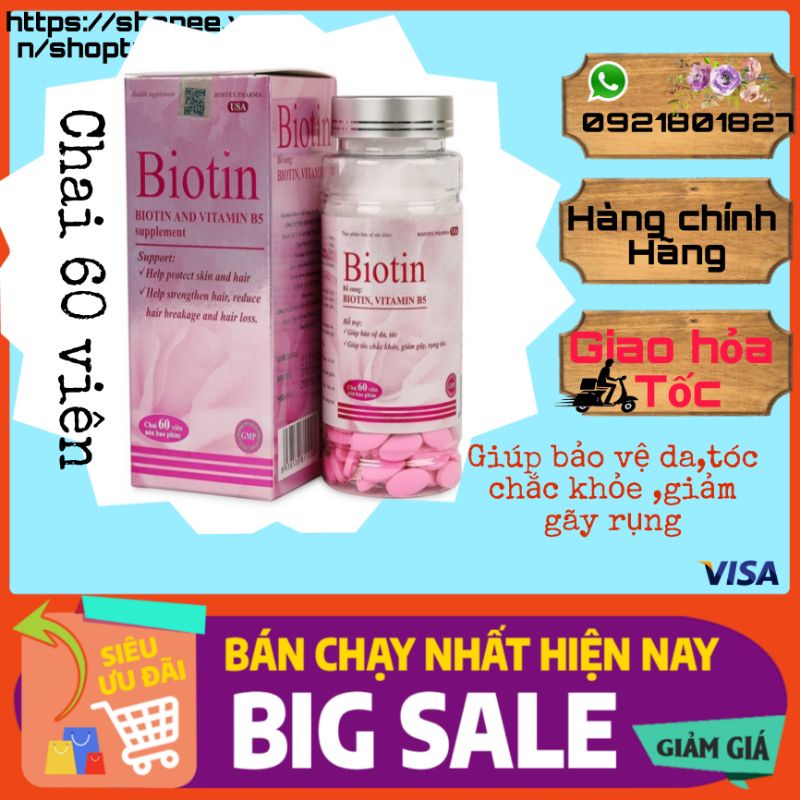 Viên uống BIOTIN bổ sung biotin+vitamin B5 giúp giảm rụng tóc, bảo vệ da, chắc móng – Hộp 60 viên