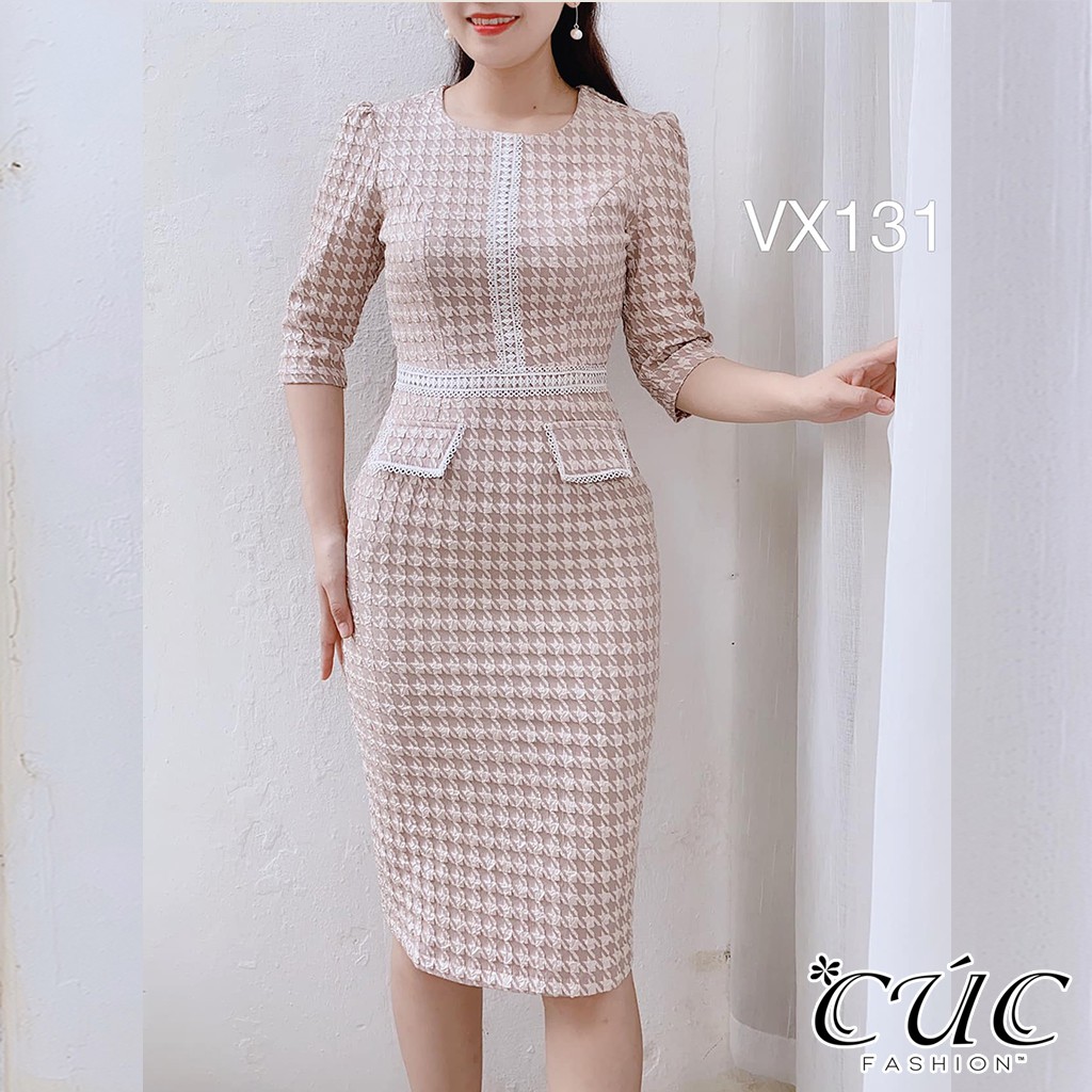 Váy đầm liền thân công sở cao cấp Cúc Fashion VX131 đầm váy nẹp ren thoi trắng