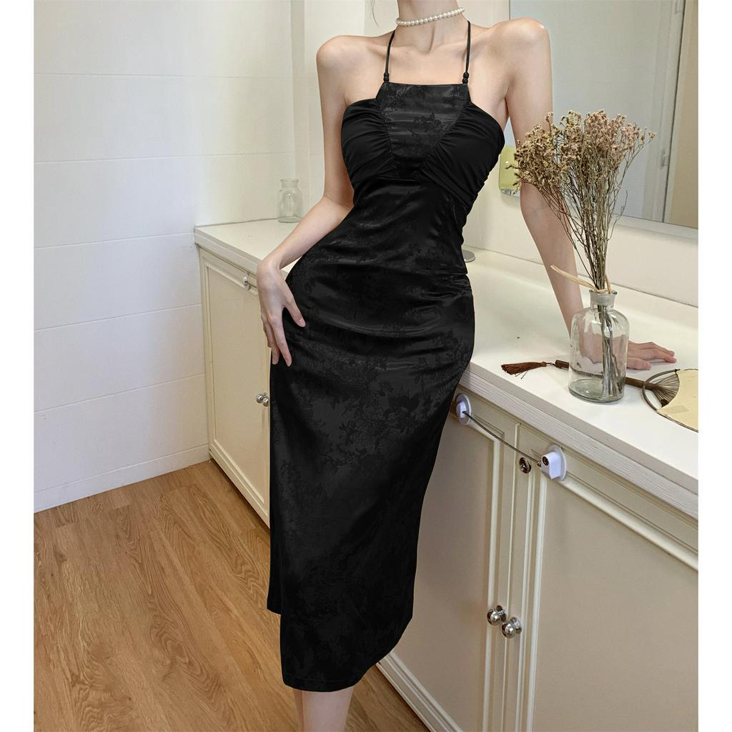 Đầm Dài Hai Dây Ôm Dáng Eo Vừa Vặn Bằng Vải Satin In Họa Tiết Cổ Điển Hàn Quốc Dành Cho Bạn Nữ