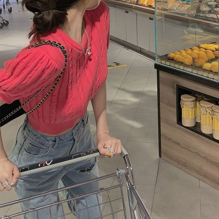 Áo Thun Dệt Kim Tay Ngắn Cổ Tròn Màu Trơn Thắt Nơ Thời Trang Cho Nữ