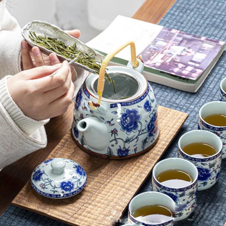 Bộ Ấm Trà Hội Làng - Bình To - Đáy Bằng - Chén Men Xuyên Sáng - Hoa Xanh