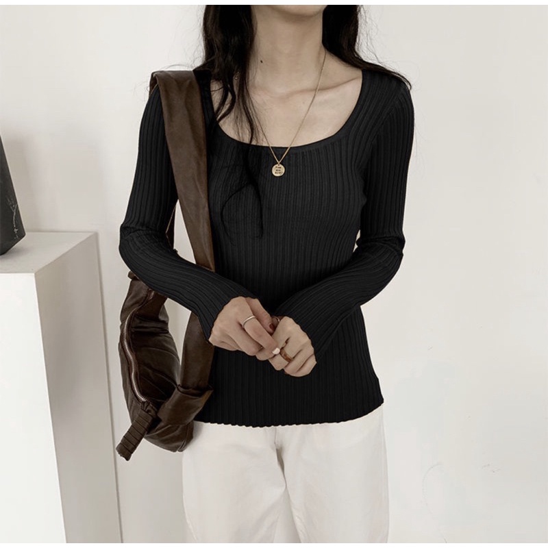 MS343 Áo len gân nữ cổ vuông thu đông
